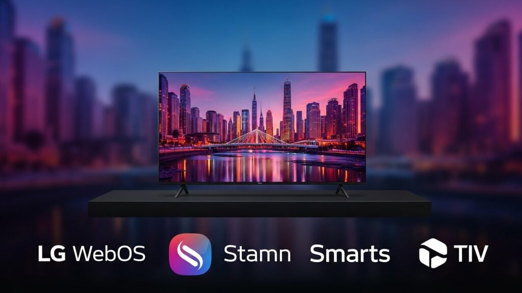 LG Smart TV displaying WebOS home screen with app bar and streaming apps, Magic Remote in foreground, modern living room setup